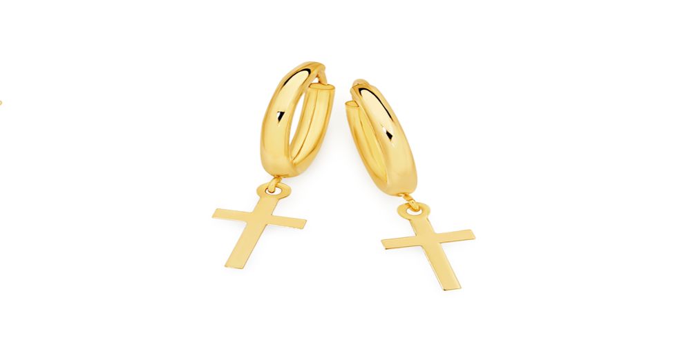 9ct, 1.5x10mm Hoop Earrings With Cross Drop | Pascoes