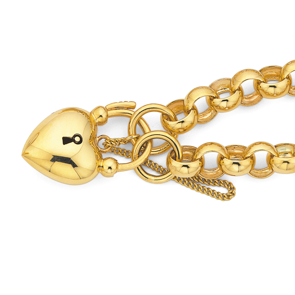 9ct Yellow Gold Heavy and Solid Curb Link Charm Bracelet with