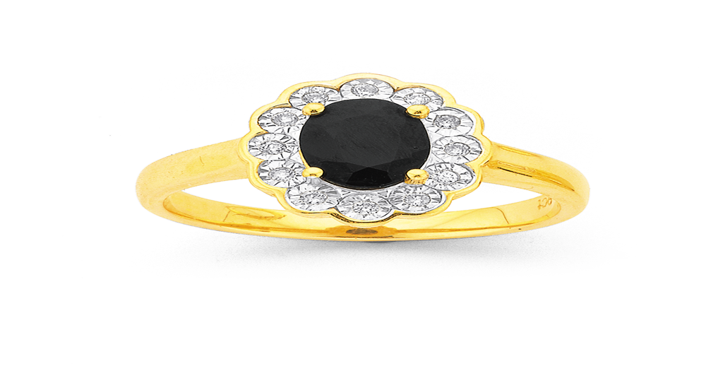 9ct, Black Sapphire Oval Flower Frame Ring in Blue | Pascoes