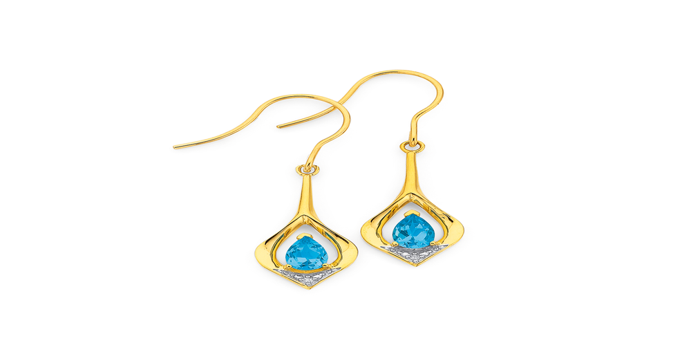 9ct, Blue Topaz & Diamond Drop Earrings in Blue | Pascoes