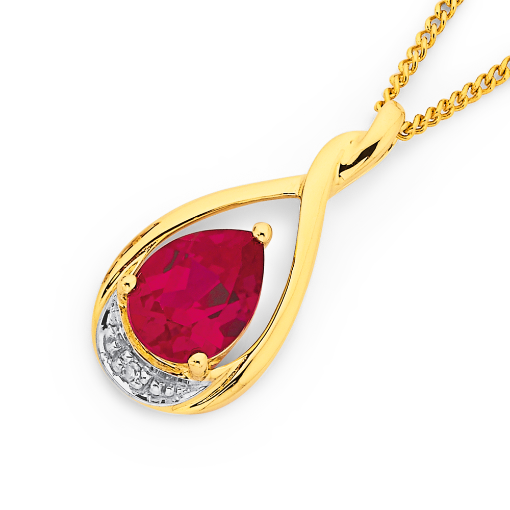 9ct Yellow Gold & Diamond 8x6mm Pear selling Cut Red Ruby Halo Pendant - Real 9K Gold