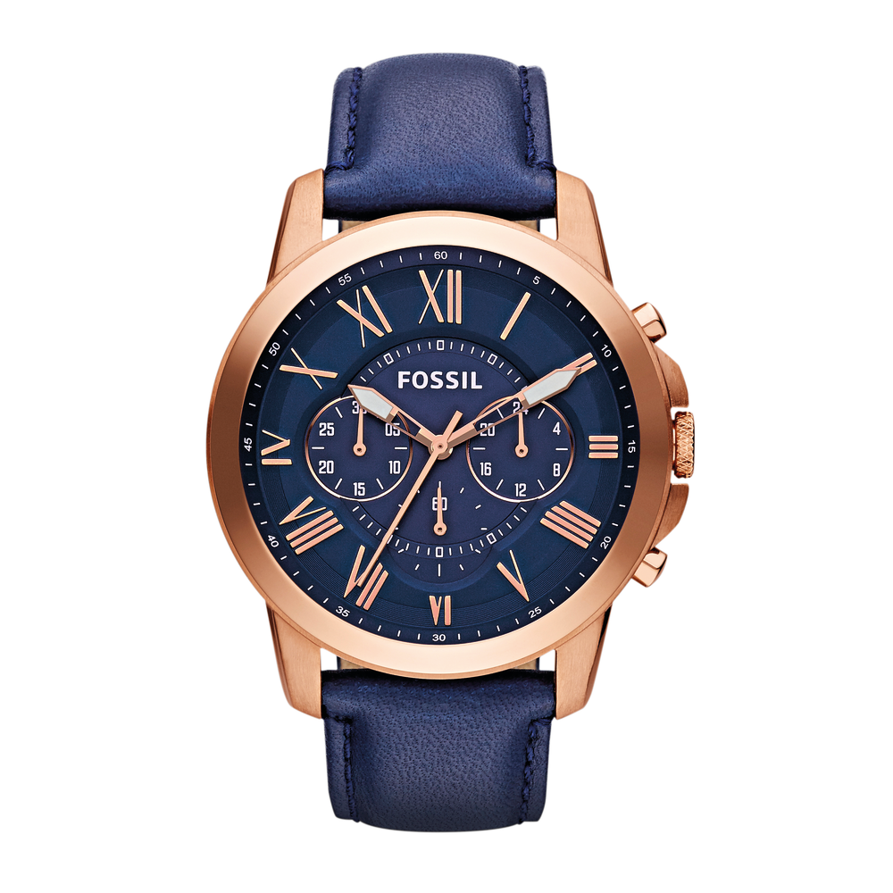 Fossil Gents Grant Chronograph Rose Gold Tone Blue Leather Strap in Rose |  Pascoes