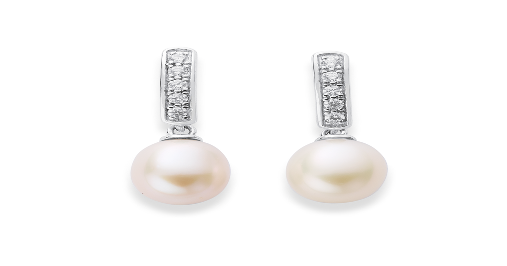 Sterling Silver Freshwater Pearl & Cubic Zirconia Earrings in White ...