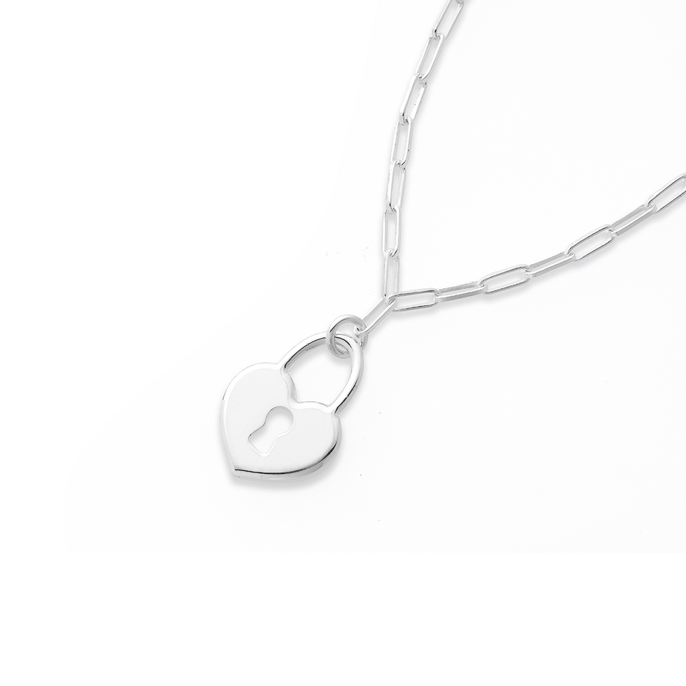 Sterling Silver Heart Lock Paperclip Chain Necklace