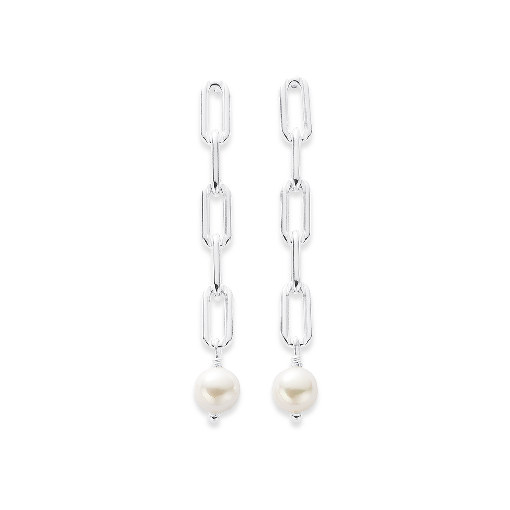 Sterling Silver Freshwater Pearl Pearl & Cubic Zircon Chain Drop Earrings