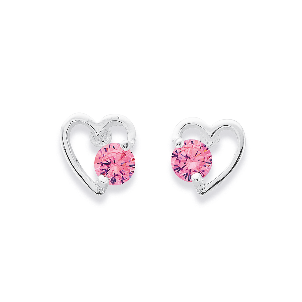 Sterling Silver Pink Cubic Zirconia Heart Studs in Pink | Pascoes